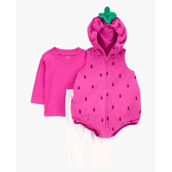 Carter’s Baby Girls 6-9 Mos 3 Pc Costume Outfit Top, Pants & Strawberry Vest NWT - Picture 1 of 7